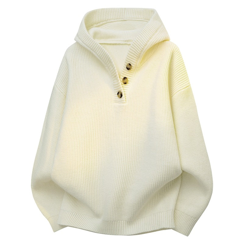Damen Relaxed Kapuzenpullover aus geripptem Strick mit Halbsteg-Knopfleiste Drune