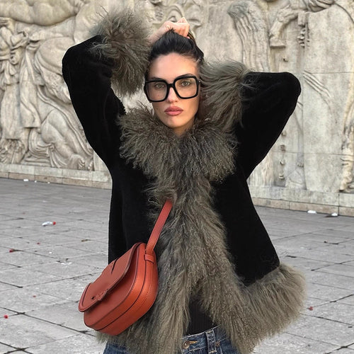 Damen Kurzmantel aus Kunstpelz mit voluminösem Lockenbesatz Drune