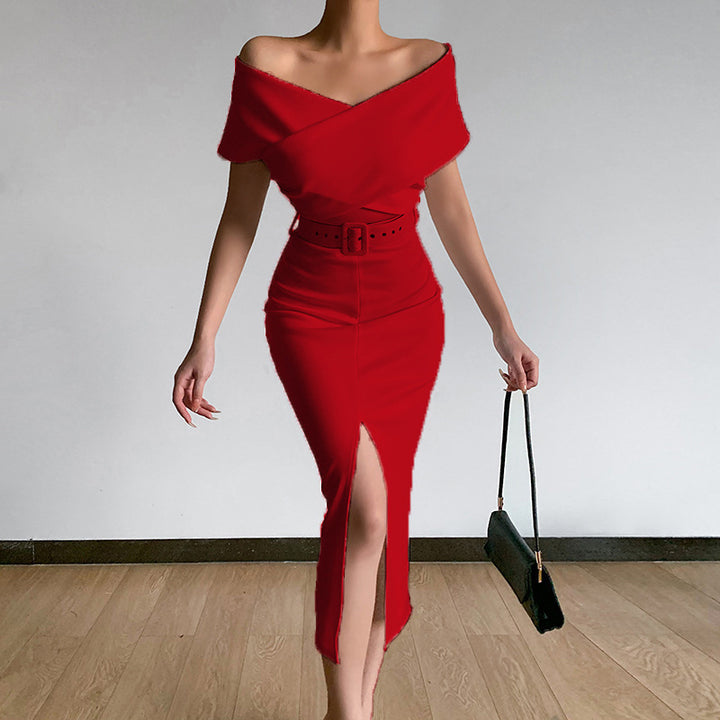 Damen Off-Shoulder Maxikleid mit Taillengürtel und seitlichem Schlitz Drune