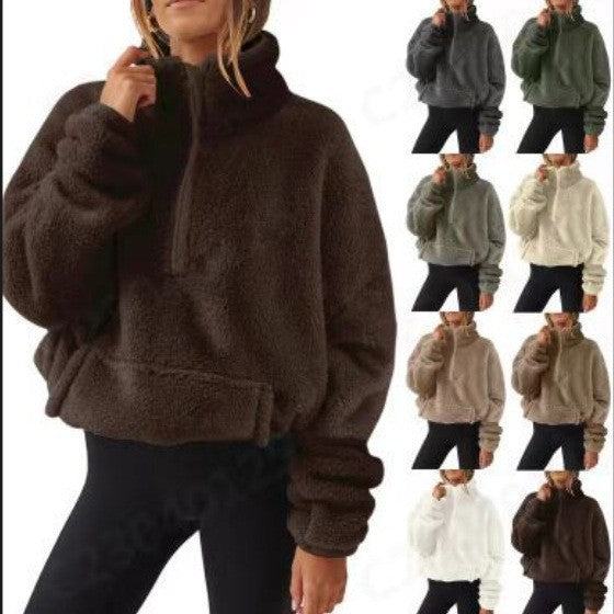 Damen nan Oversize-Halbzip Teddy-Fleecepullover mit Kängurutasche und hohem Stehkragen Drune