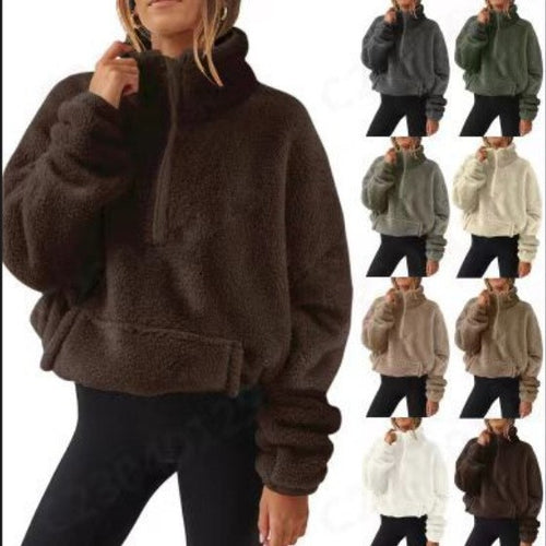 Damen nan Oversize-Halbzip Teddy-Fleecepullover mit Kängurutasche und hohem Stehkragen Drune