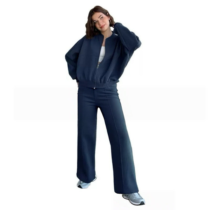 Damen nan kurz geschnittenes Blouson mit Reißverschluss und weiter High-Waist Jogginghose Set Drune