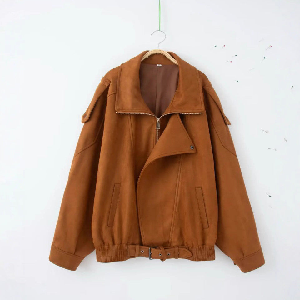 Damen hochwertige Bikerjacke mit breitem Kragen und Gürtel Drune