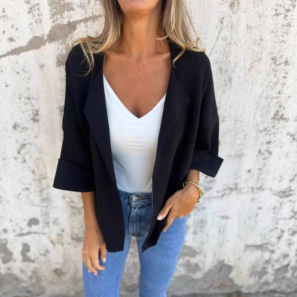 Damen nan legerer offener Strickcardigan mit Schalkragen krempelbaren Ärmeln und kastiger Silhouette Drune