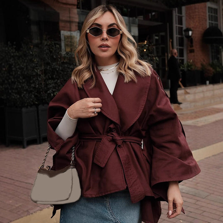Damen Kurzjacke im Trenchstil mit Taillengürtel, Oversize-Ärmeln und kastiger Cropped-Silhouette Drune