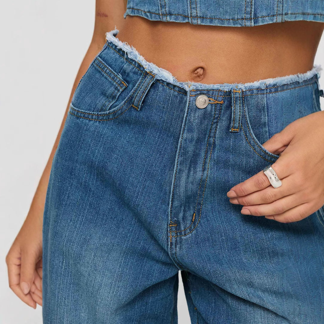 Damen weite Denim-Jeans mit hohem Bund und fransigem Saum Drune
