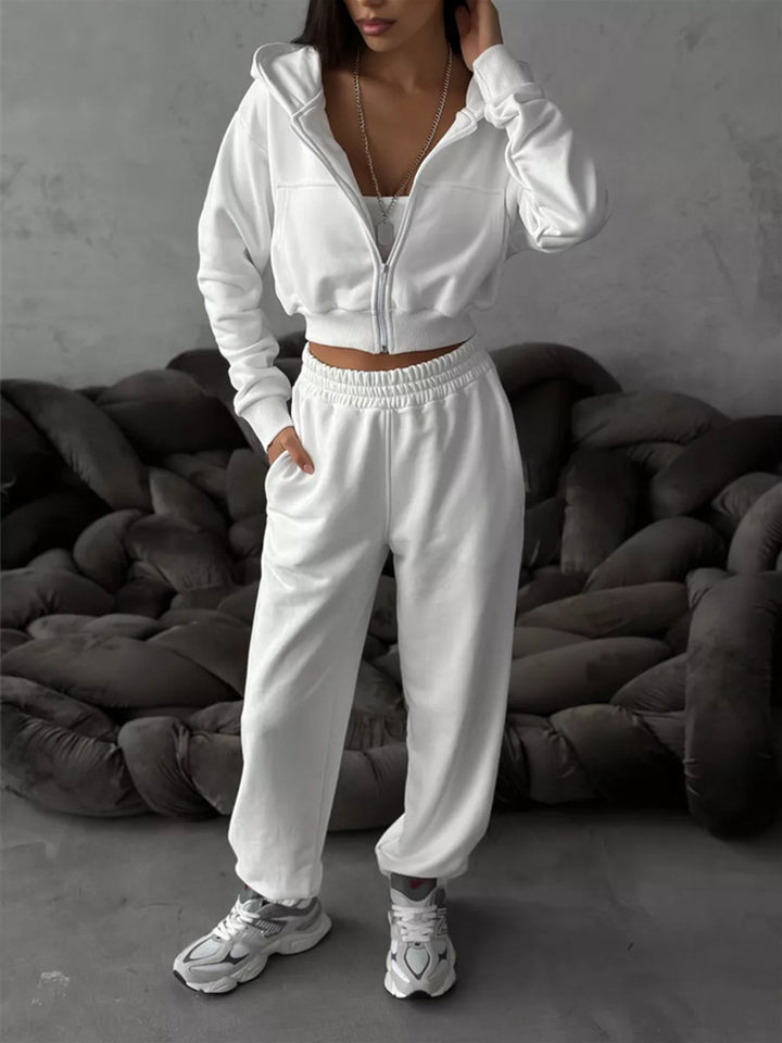 Damen kurzes Zip-Kapuzensweatshirt mit tailliertem Bündchen und weitem High‑Waist French‑Terry Jogginghose Set Drune
