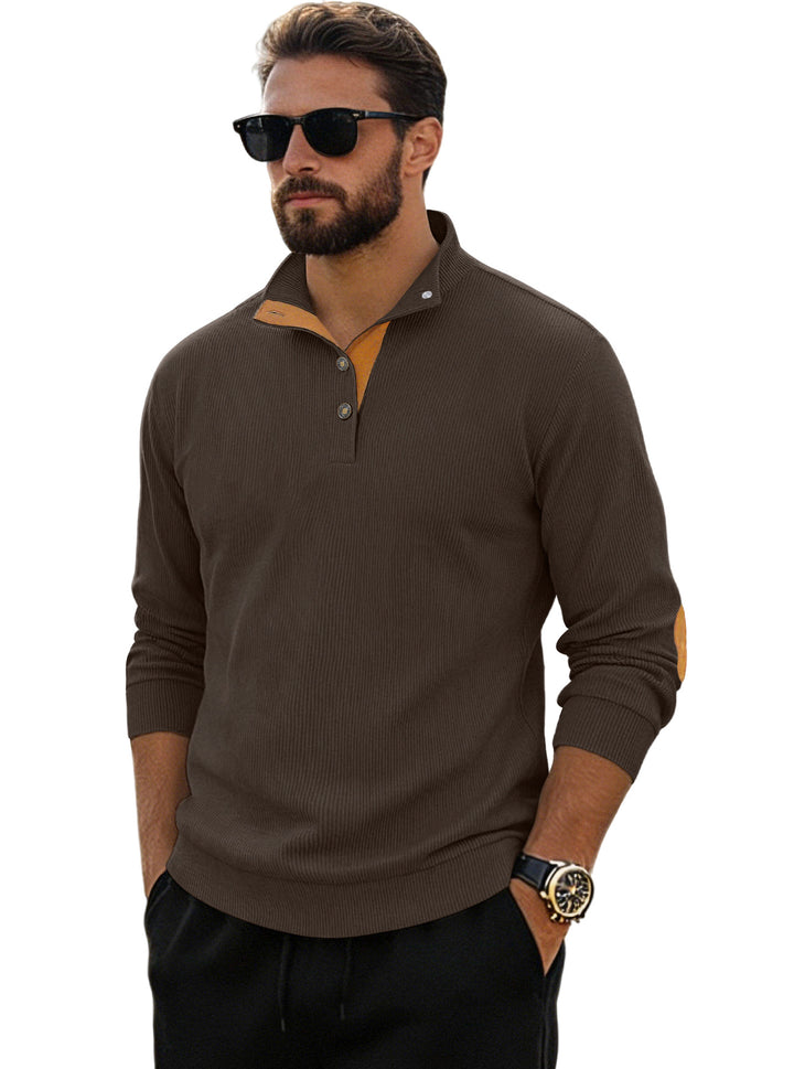 Herren nan fein gerippter Strickpullover mit Polokragen Knopfleiste und Ellenbogenbesatz Drune