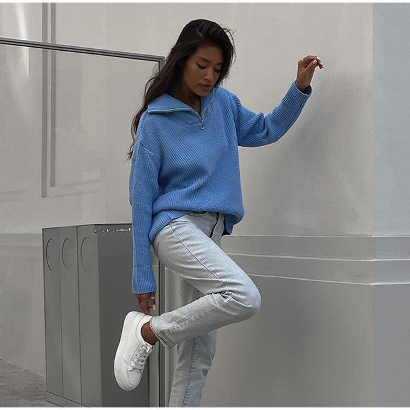Damen Hochwertiger Pullover mit modernem Kragen und Reißverschluss Drune