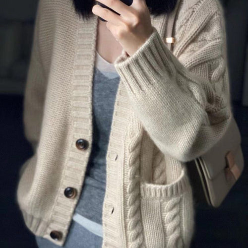 Damen Oversized Strickcardigan mit Zopfdetail, Eingrifftaschen und Knopfleiste Drune