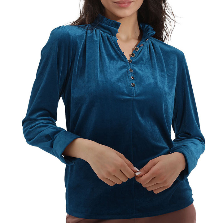Damen Elegantes Samtoberteil mit gerafftem Kragen und Knopfdetails Drune
