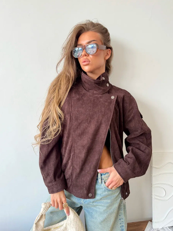 Damen Oversize Wildleder‑Optik Bikerjacke mit hohem Stehkragen Drune