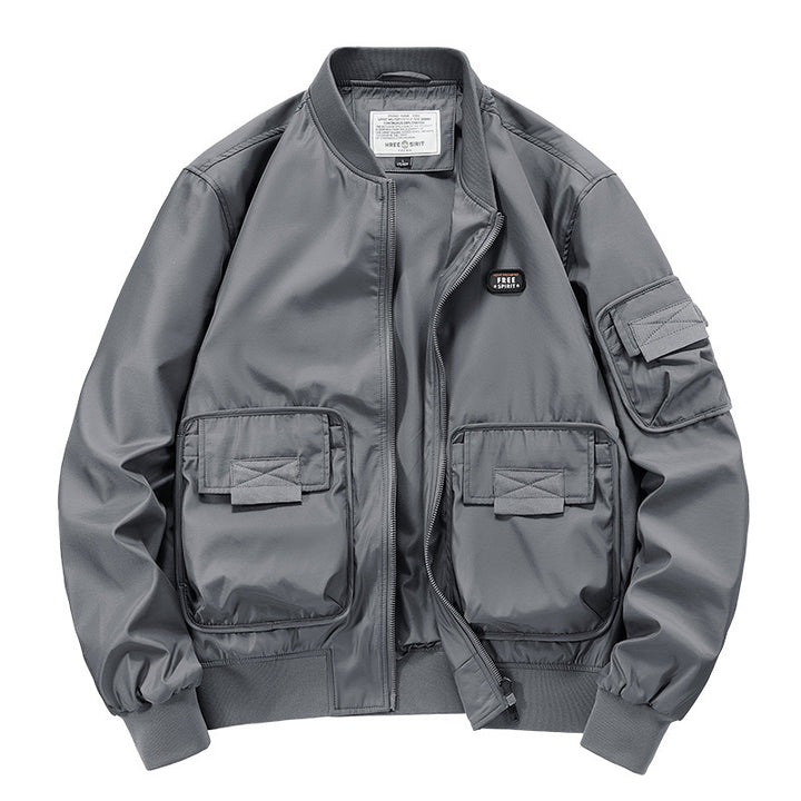 Herren Leichte Nylon-Bomberjacke im Utility‑Stil mit großen Fronttaschen und Ärmeltasche Drune