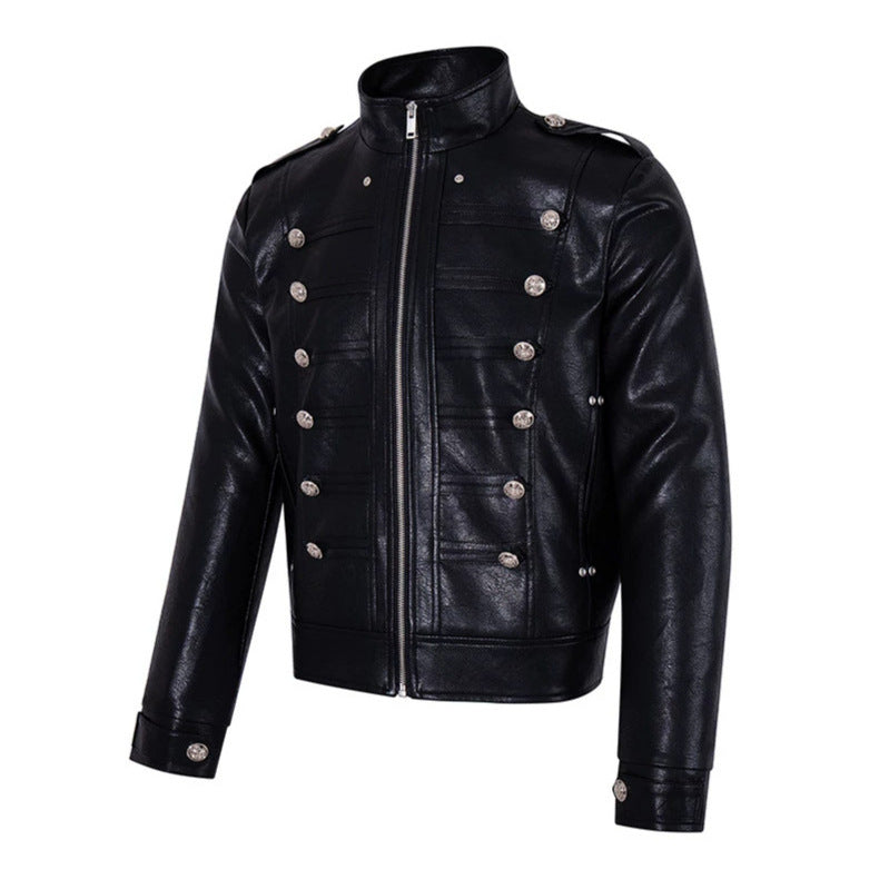 Herren Militärisch inspirierte Kunstlederjacke mit Stehkragen, Zierknopfreihe und Schulterpatten Drune