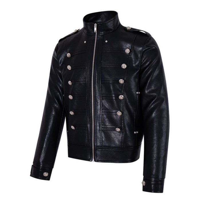 Herren Militärisch inspirierte Kunstlederjacke mit Stehkragen, Zierknopfreihe und Schulterpatten Drune