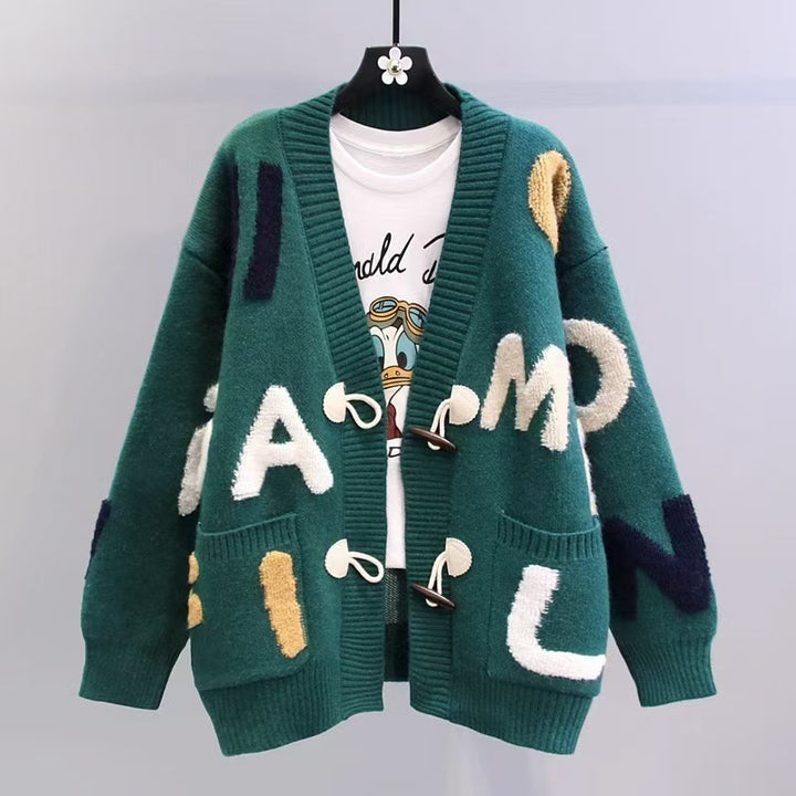 Damen Grobstrick-Cardigan mit bunten Applikationen und großen Taschen Drune