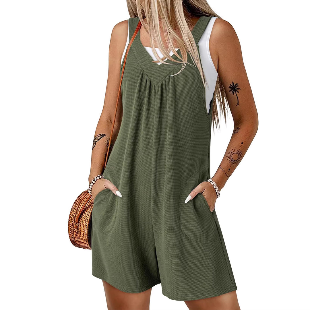 Damen Ärmelloser Waffel-Shorts-Overall mit V‑Ausschnitt und Eingrifftaschen Drune