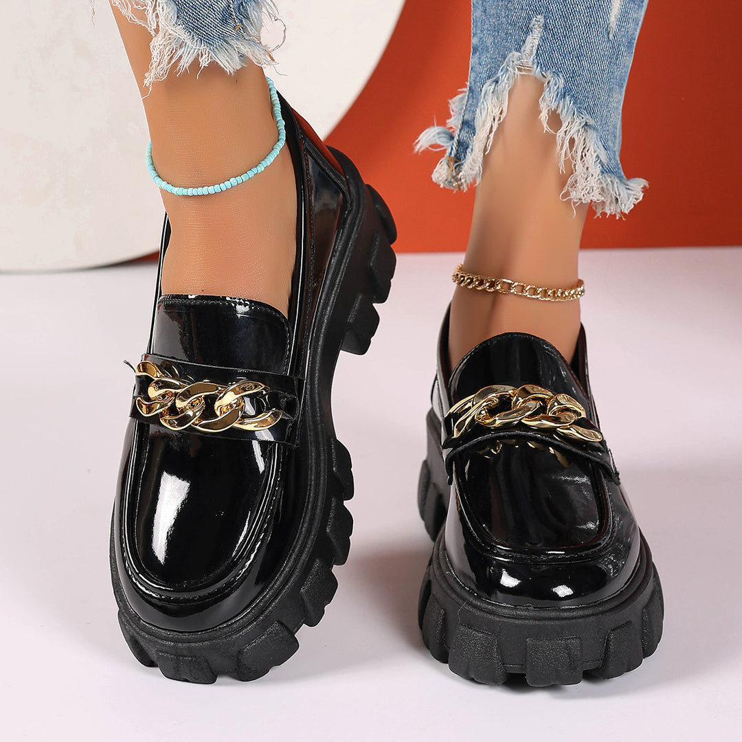 Damen nan trendige Lack-Loafer mit grober Profilsohle und goldener Kettenapplikation Drune