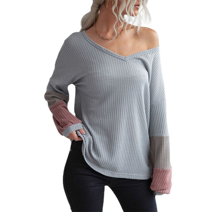 Damen Legeres Waffelstrick-Tunika-Shirt mit V‑Ausschnitt und Colorblock-Ärmeln Drune