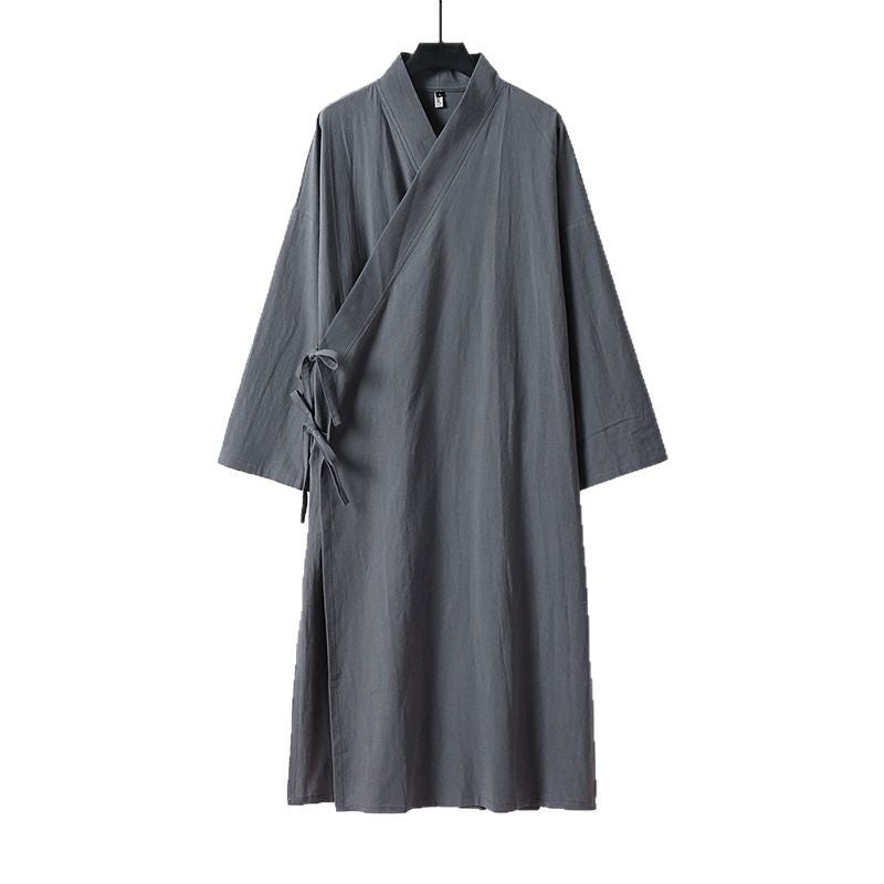 Unisex Langer Kimono-Mantel aus leichtem Baumwollmix mit drapierter Front und Bindeschlaufe Drune