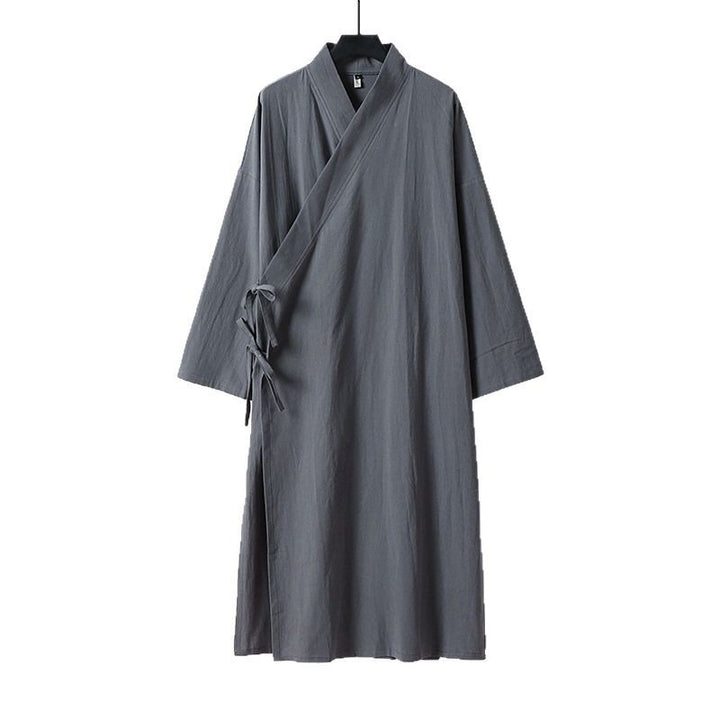 Unisex Langer Kimono-Mantel aus leichtem Baumwollmix mit drapierter Front und Bindeschlaufe Drune
