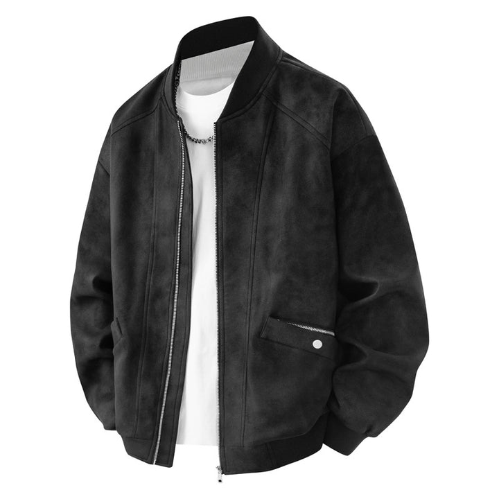 Herren Velours-Optik Bomberjacke im Boxy‑Cut mit Rippkragen, Frontreißverschluss & kombiniertem Zipper-/Klappenfach Drune