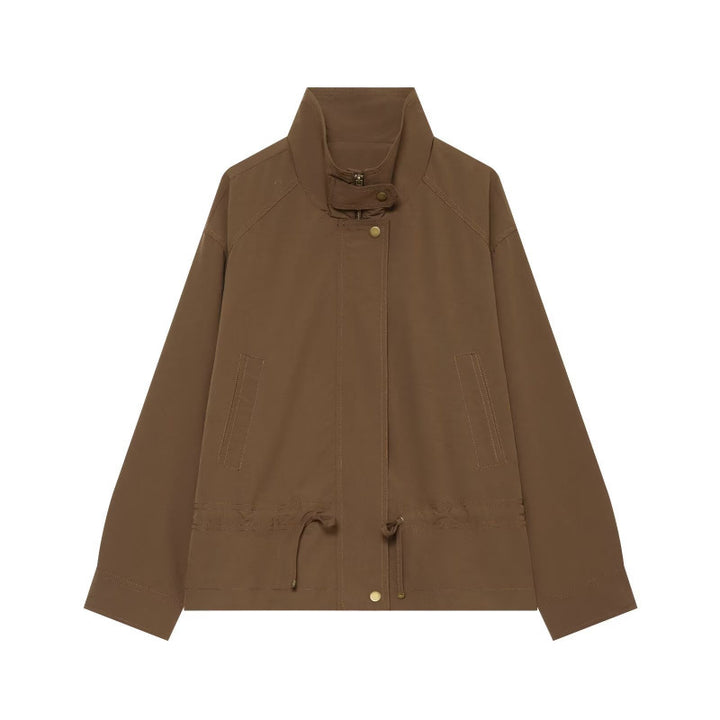 Damen Leichte Fieldjacke mit Stehkragen, Tunnelzugtaillierung und verdeckter Druckknopfleiste Drune