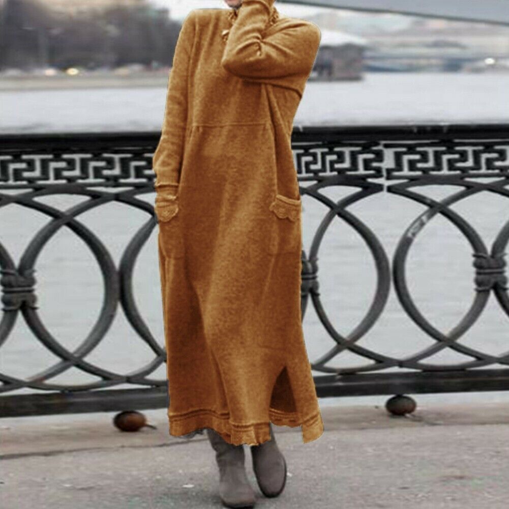 Damen nan langes Strickmaxikleid mit Seitenschlitzen und aufgesetzten Taschen Drune