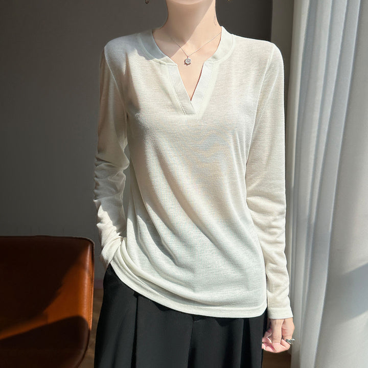 Damen Langärmliges Feinstrickshirt mit geschlitztem V-Kragen Drune