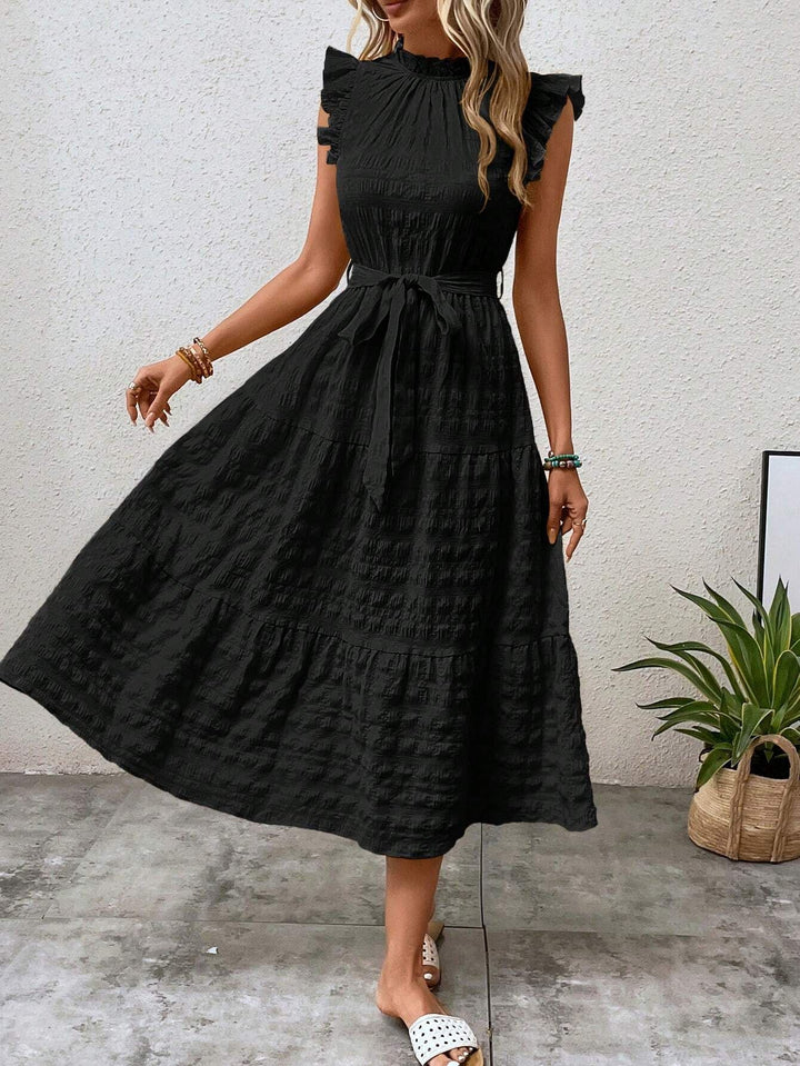 Damen Midikleid mit Stehkragen, Rüschenärmeln und Taillengürtel Drune