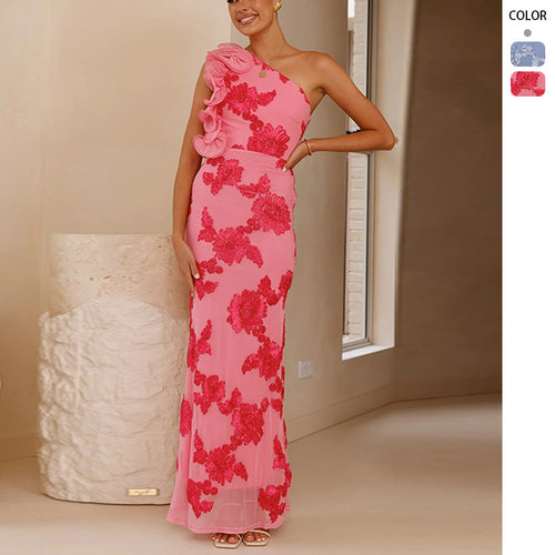 Damen Elegantes und figurbetontes Maxikleid mit asymmetrischem Träger und floralen Applikationen Drune