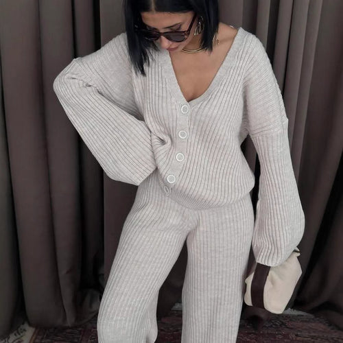 Damen lässiger Strickanzug mit weit geschnittenem Oberteil und bequemer Hose Drune