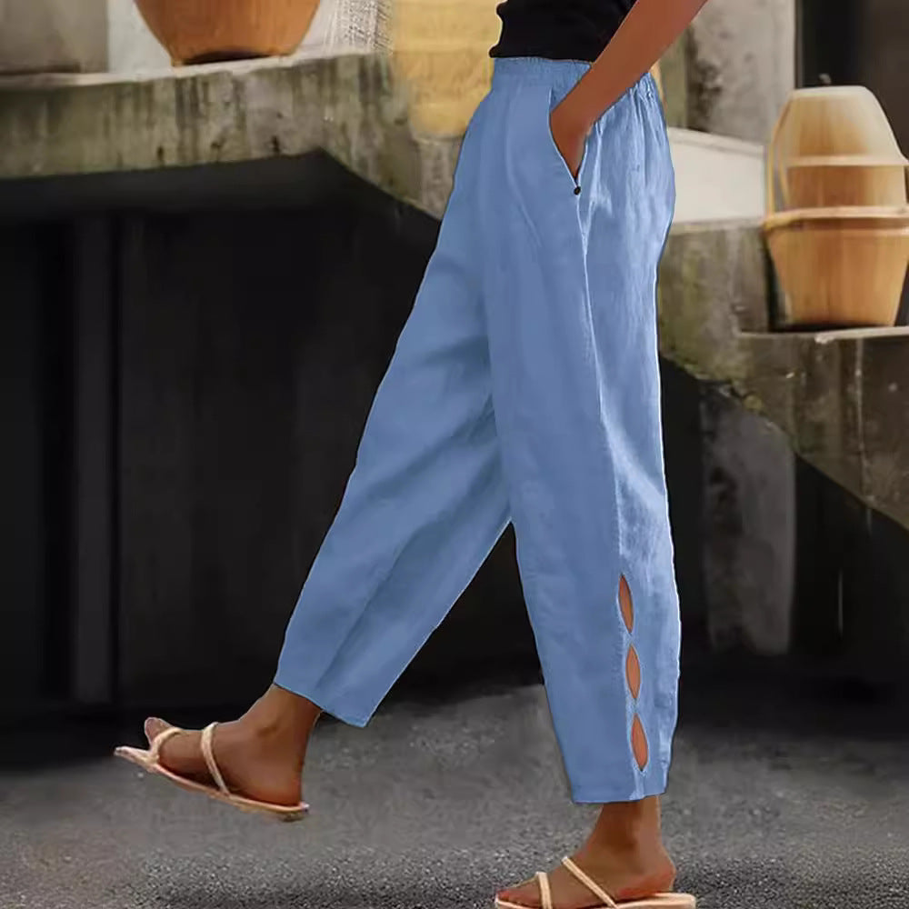 Damen Leichte Leinenhose mit seitlichen Schlitzen und elastischem Bund Drune