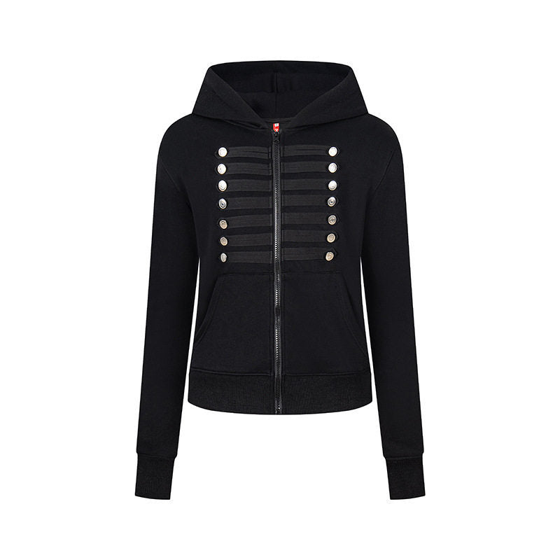Damen Kapuzen-Sweatjacke mit dekorativer Militär‑Bortenleiste und Zierknöpfen Drune