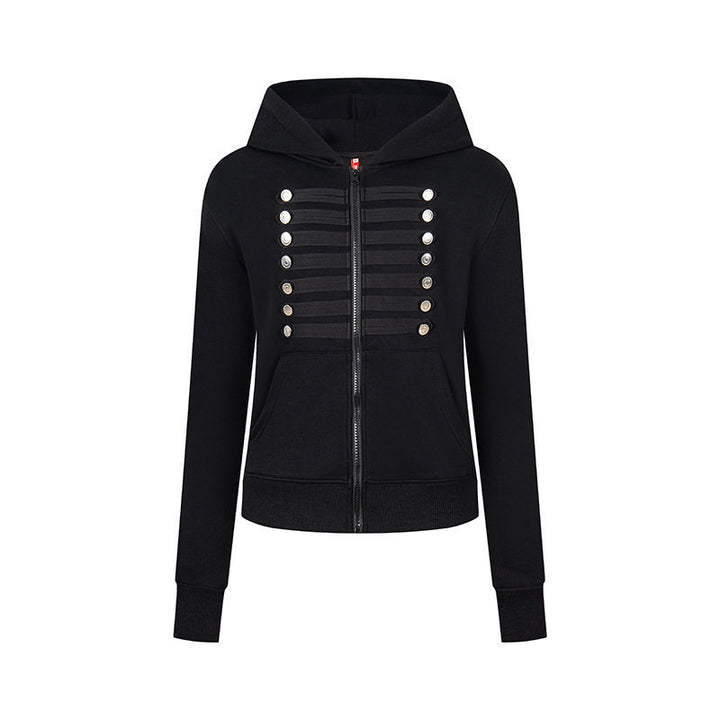 Damen Kapuzen-Sweatjacke mit dekorativer Militär‑Bortenleiste und Zierknöpfen Drune