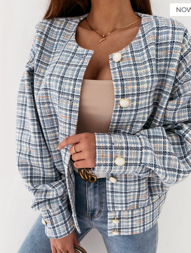 Damen Modischer Karostrickjacke mit einzigartigem Knopfverschluss Drune