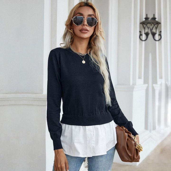 Damen Strickpullover mit eingearbeitetem Blusenbesatz und Doppel-Layer-Optik Drune