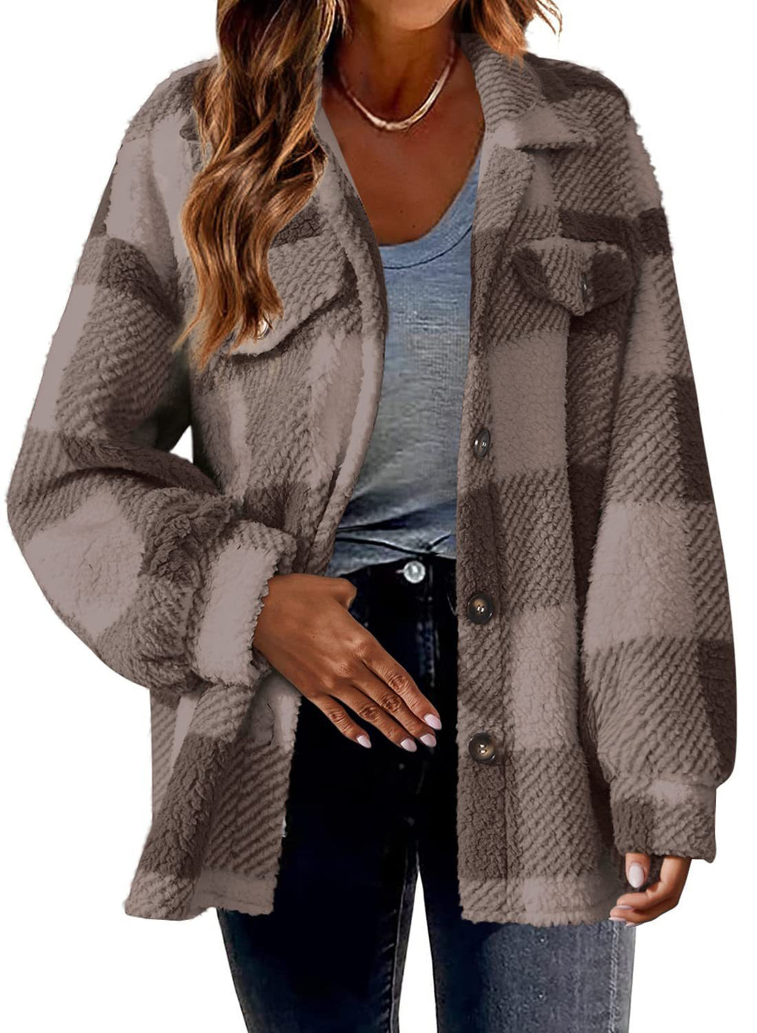Damen Kuschelige Karodesign Jacke mit Knöpfen und Brusttasche Drune