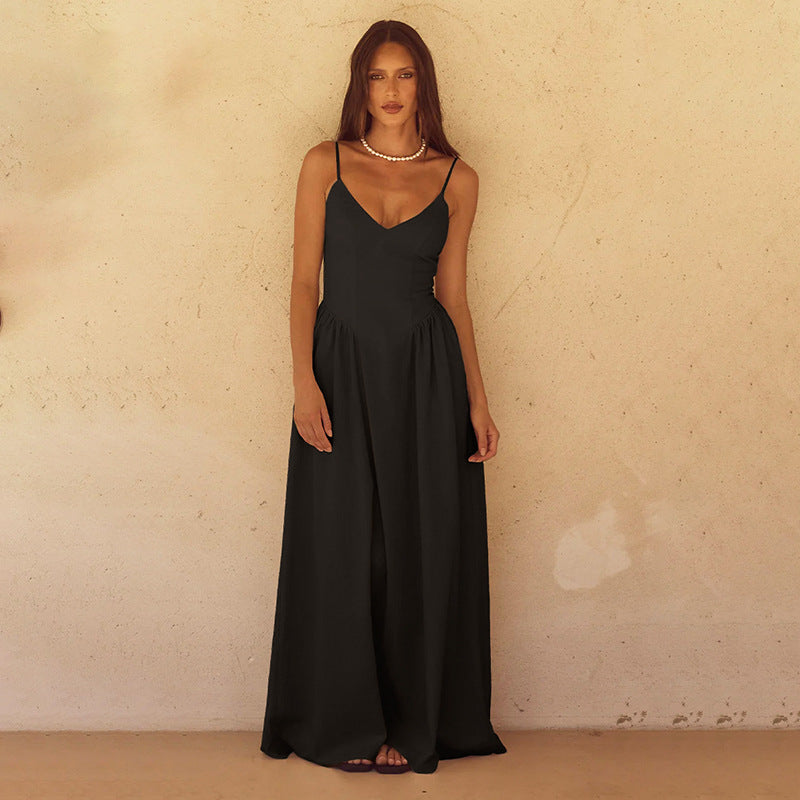Damen Elegantes lange Maxikleid mit schmalen Spaghetti-Trägern und fließendem Rock Drune