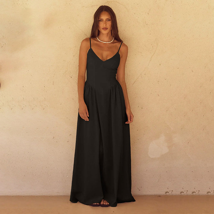 Damen Elegantes lange Maxikleid mit schmalen Spaghetti-Trägern und fließendem Rock Drune