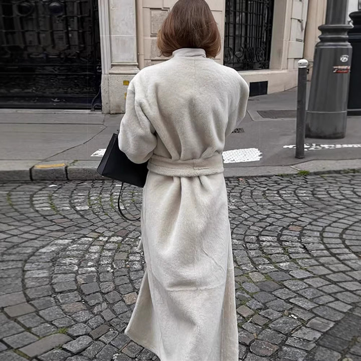 Damen Maxilanger Oversize-Teddymantel mit minimalistischem Stehkragen und verdeckter Druckknopfleiste Drune