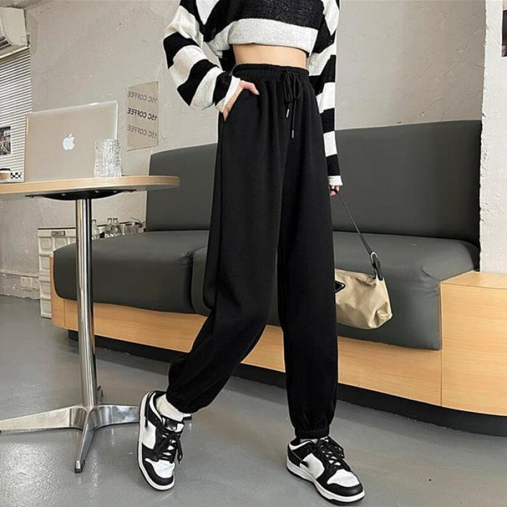 Damen nan weite hochgeschnittene Sweatpants mit elastischem Bund Kordelzug und gerippten Knöchelbündchen Drune