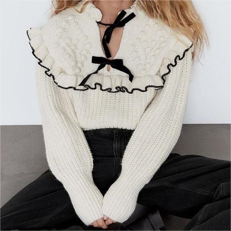 Damen Strickpullover mit Rüschenkragen und dekorativen Schleifen Drune