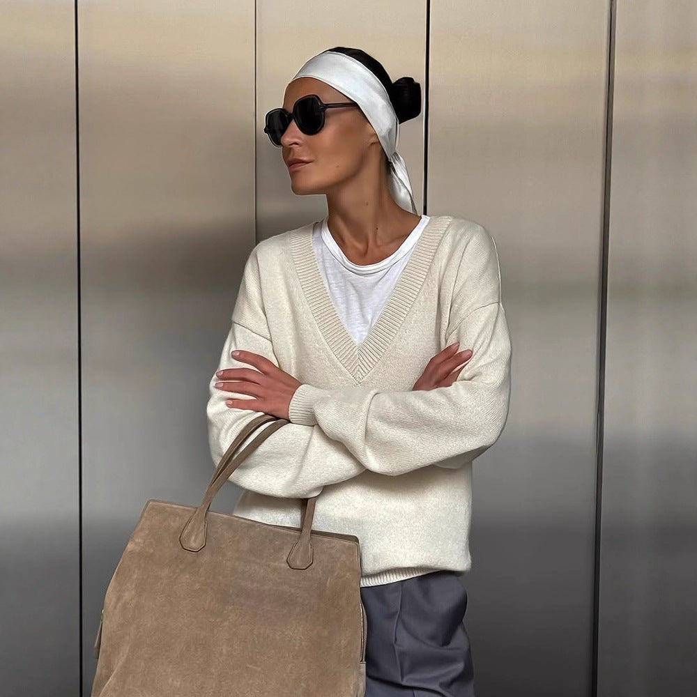 Damen Oversize V-Ausschnitt Pullover aus Kaschmir-Mix mit geripptem Saum Drune