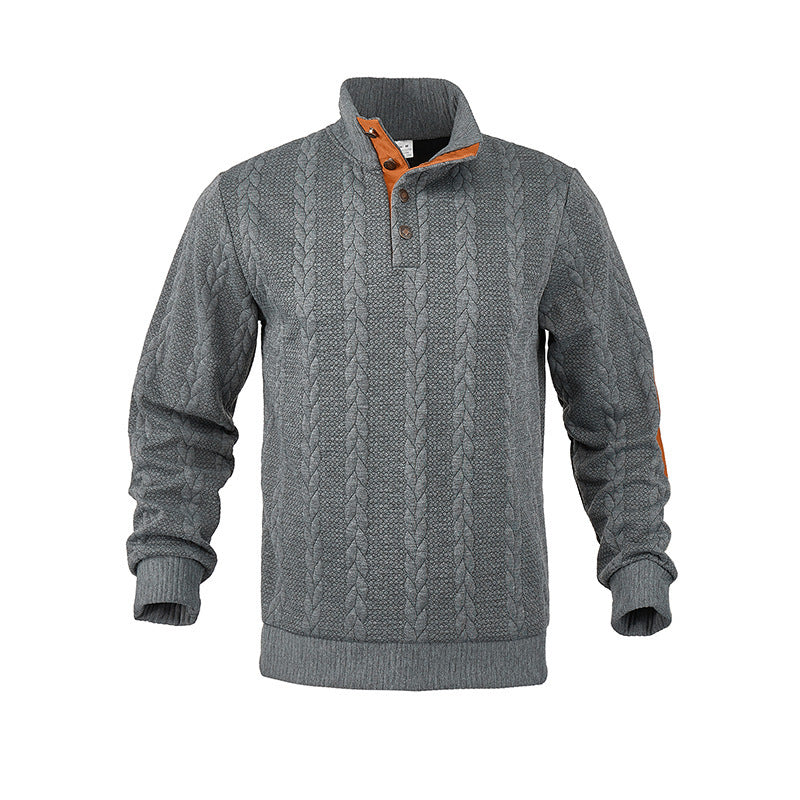 Herren Kabelstrick-Pullover mit Stehkragen, Knopfleiste & Ellbogenpatches Drune