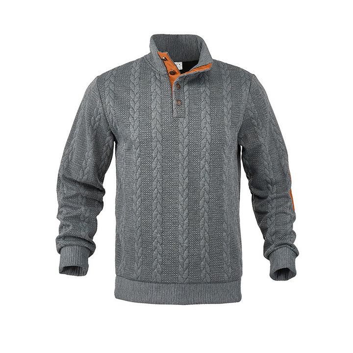 Herren Kabelstrick-Pullover mit Stehkragen, Knopfleiste & Ellbogenpatches Drune