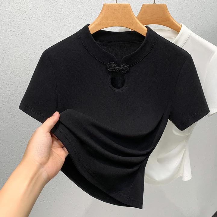 Damen Kurzarmbluse mit elegantem Rundhalsausschnitt und floralen Knopfdetail Drune