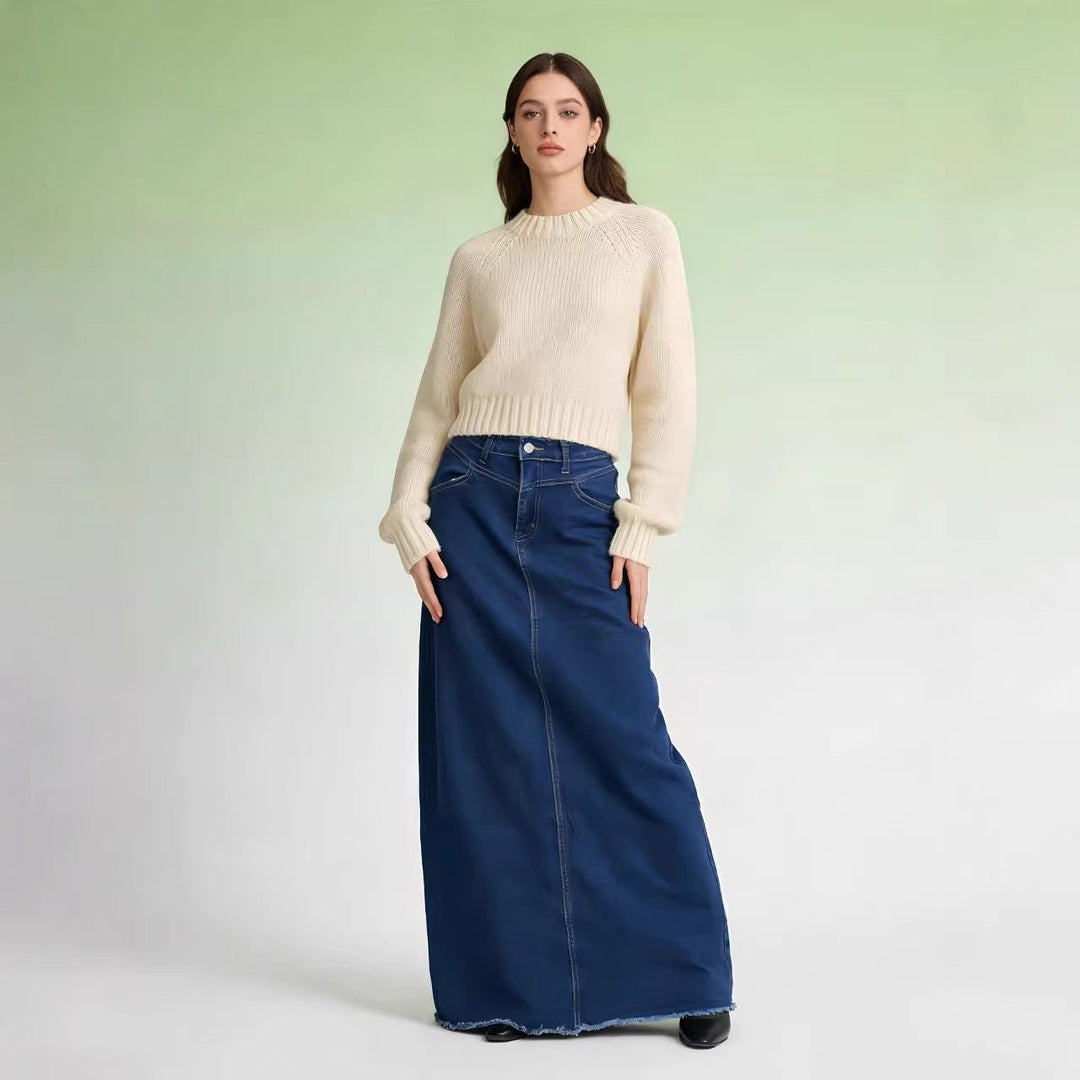 Damen Maxi-Denim-Rock mit hohem Bund und fransigem Saum