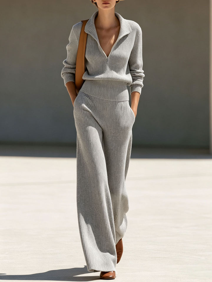 Damen Rippstrick-Set mit halbem Reißverschluss und weiten Palazzo-Hosen Drune