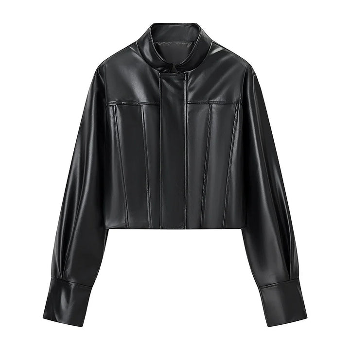 Damen nan kurze vegane Lederjacke im Cropped‑Korsettstil mit Stehkragen Drune